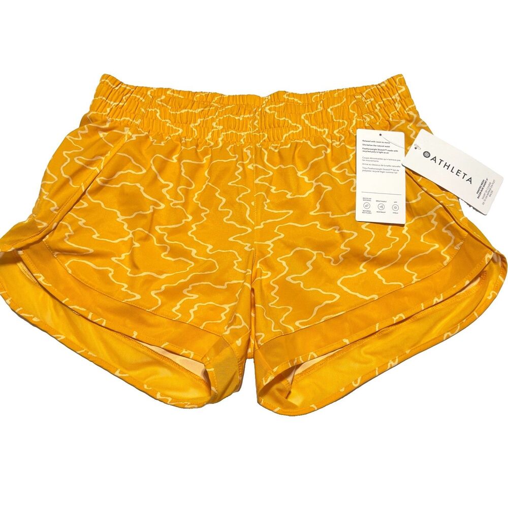 Athleta Printed Mesh Racer Run 4" Shorts Womens Size M Medium Yellow lined NWT